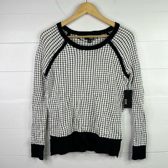 ANA Black White Scoop Neck Long‎ Sleeve Knit Sweater Sweatshirt Top Size Small - Picture 1 of 13